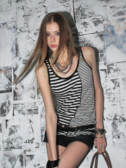 wear And tear Black White Striped Asymmetric Diagonal Hem Women&