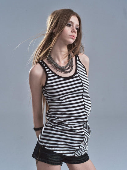 wear And tear Black White Striped Asymmetric Diagonal Hem Women&