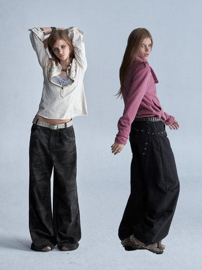 wear And tear Camouflage Studded Pocket Split Wash Streetwear Women&