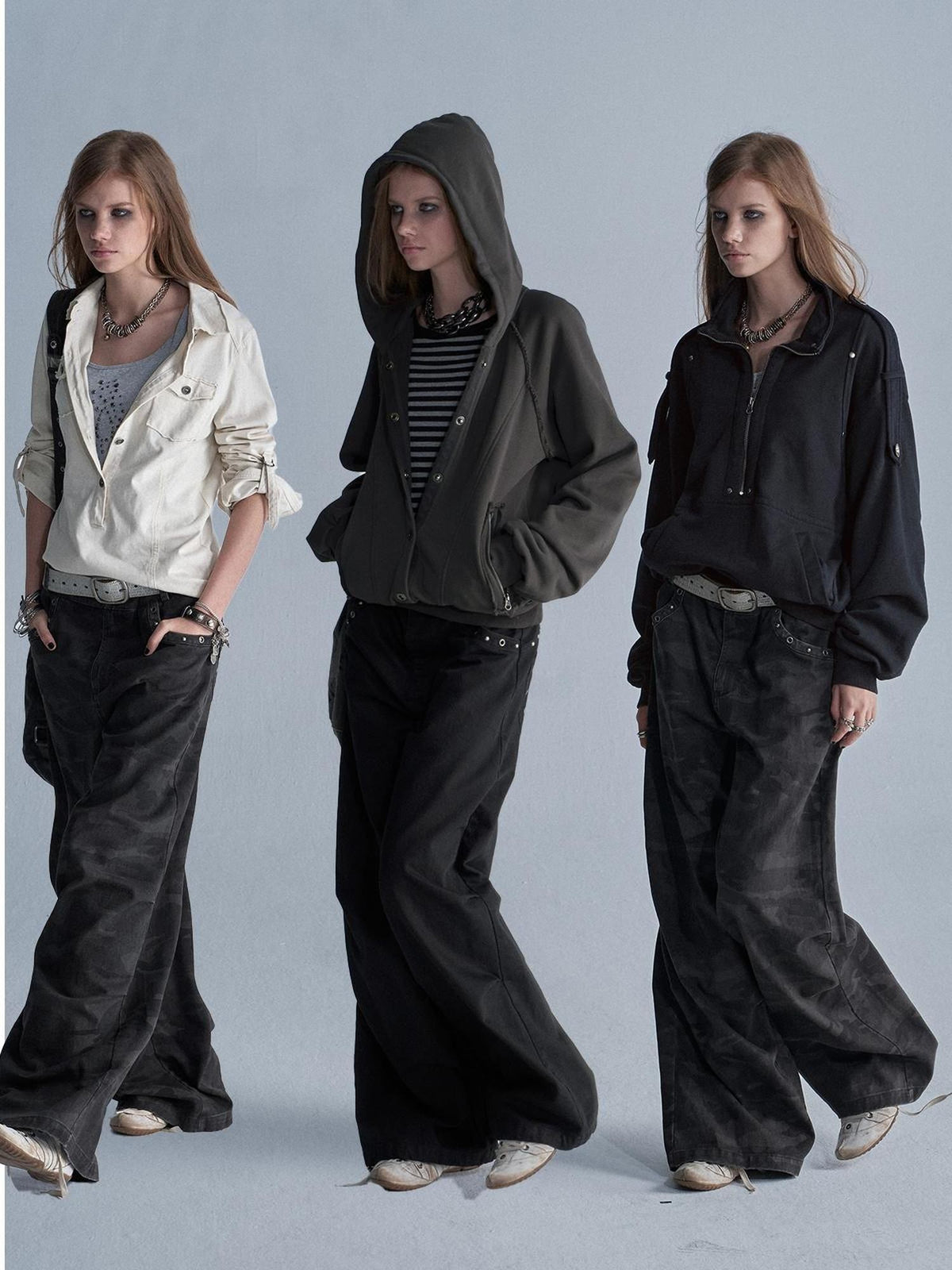 wear And tear Camouflage Studded Pocket Split Wash Streetwear Women&