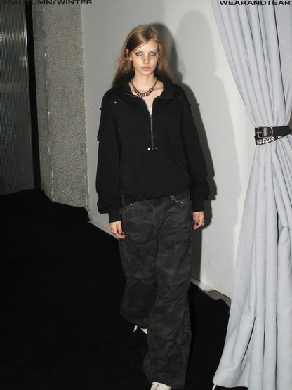 wear And tear Camouflage Studded Pocket Split Wash Streetwear Women&