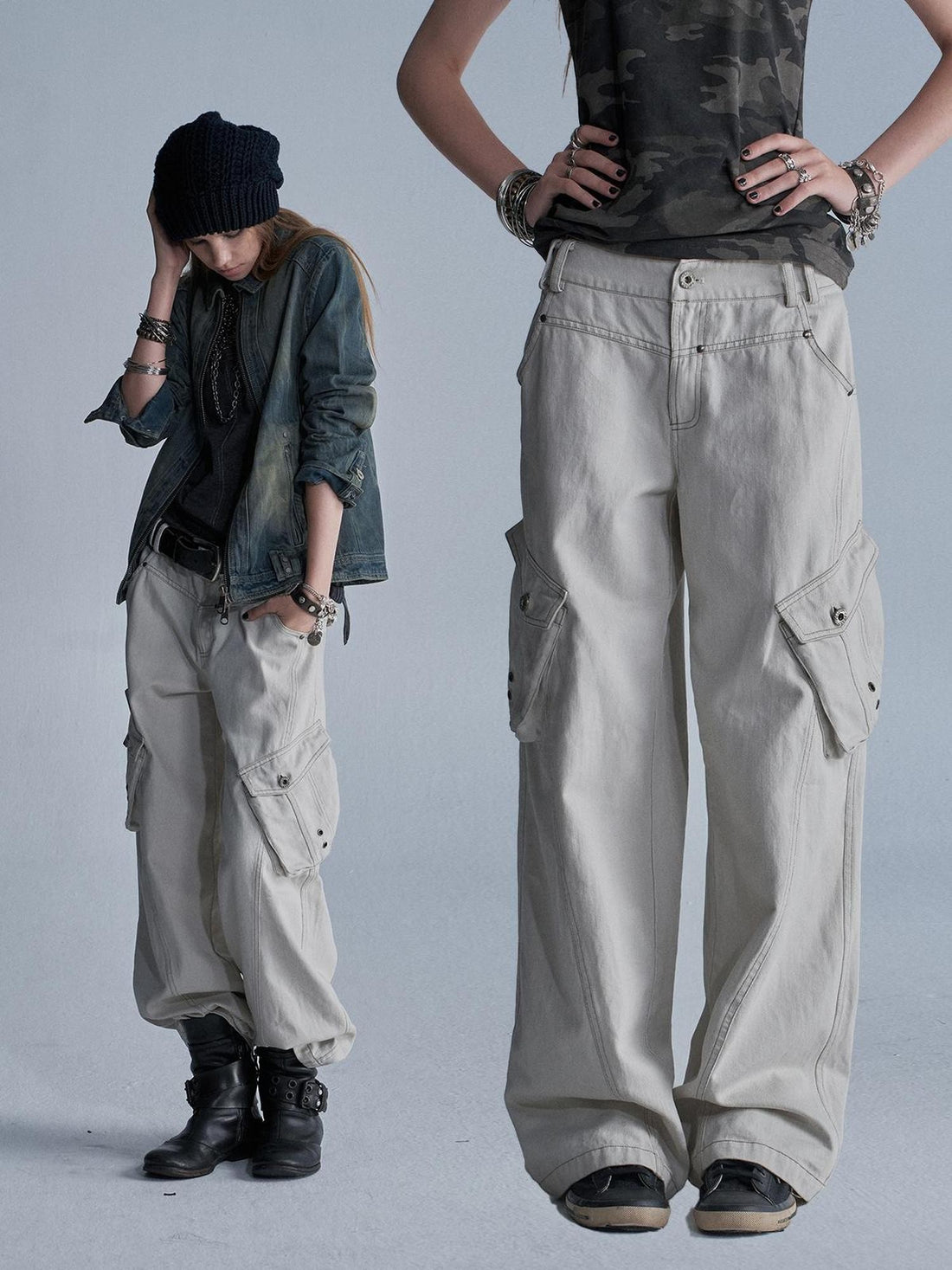wear And tear Contrast Stitch 3d Pockets Rivet Eyelet Women&