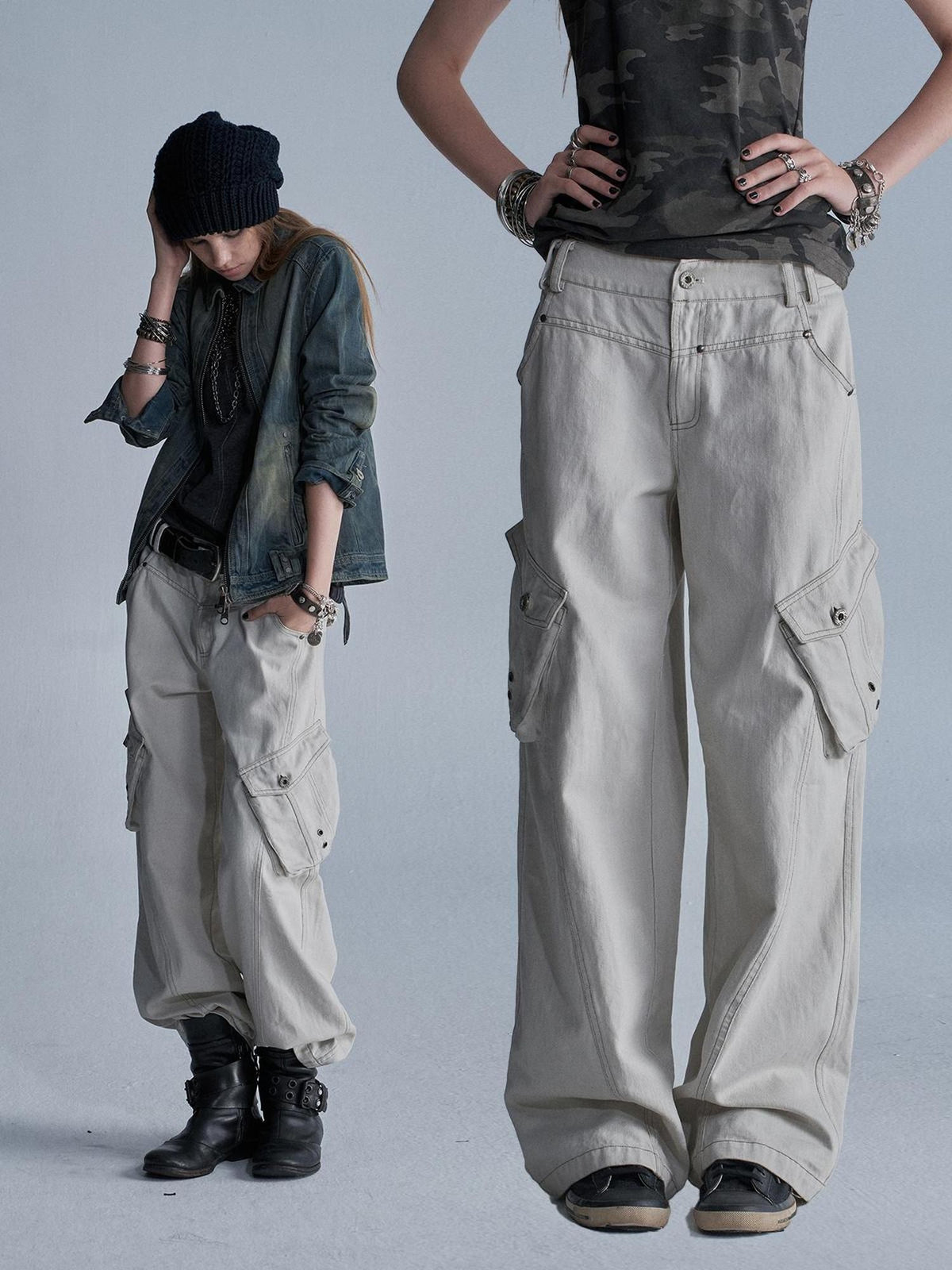 wear And tear Contrast Stitch 3d Pockets Rivet Eyelet Women&