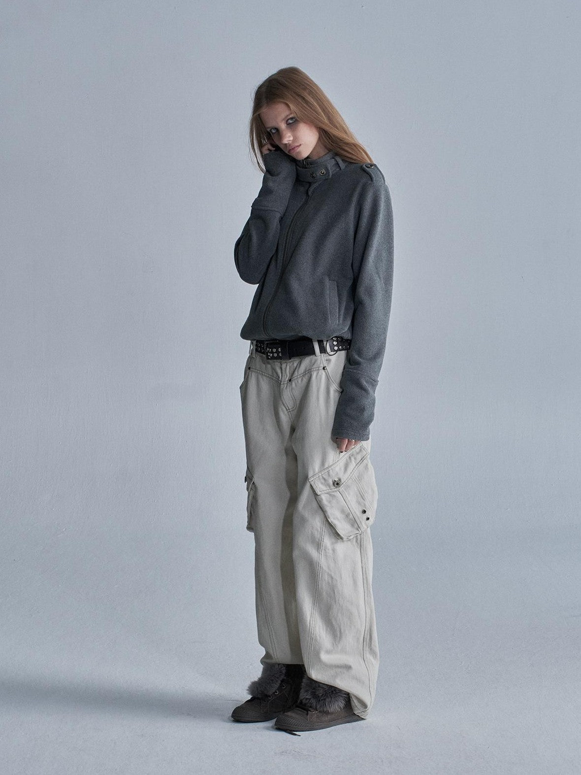 wear And tear Contrast Stitch 3d Pockets Rivet Eyelet Women&