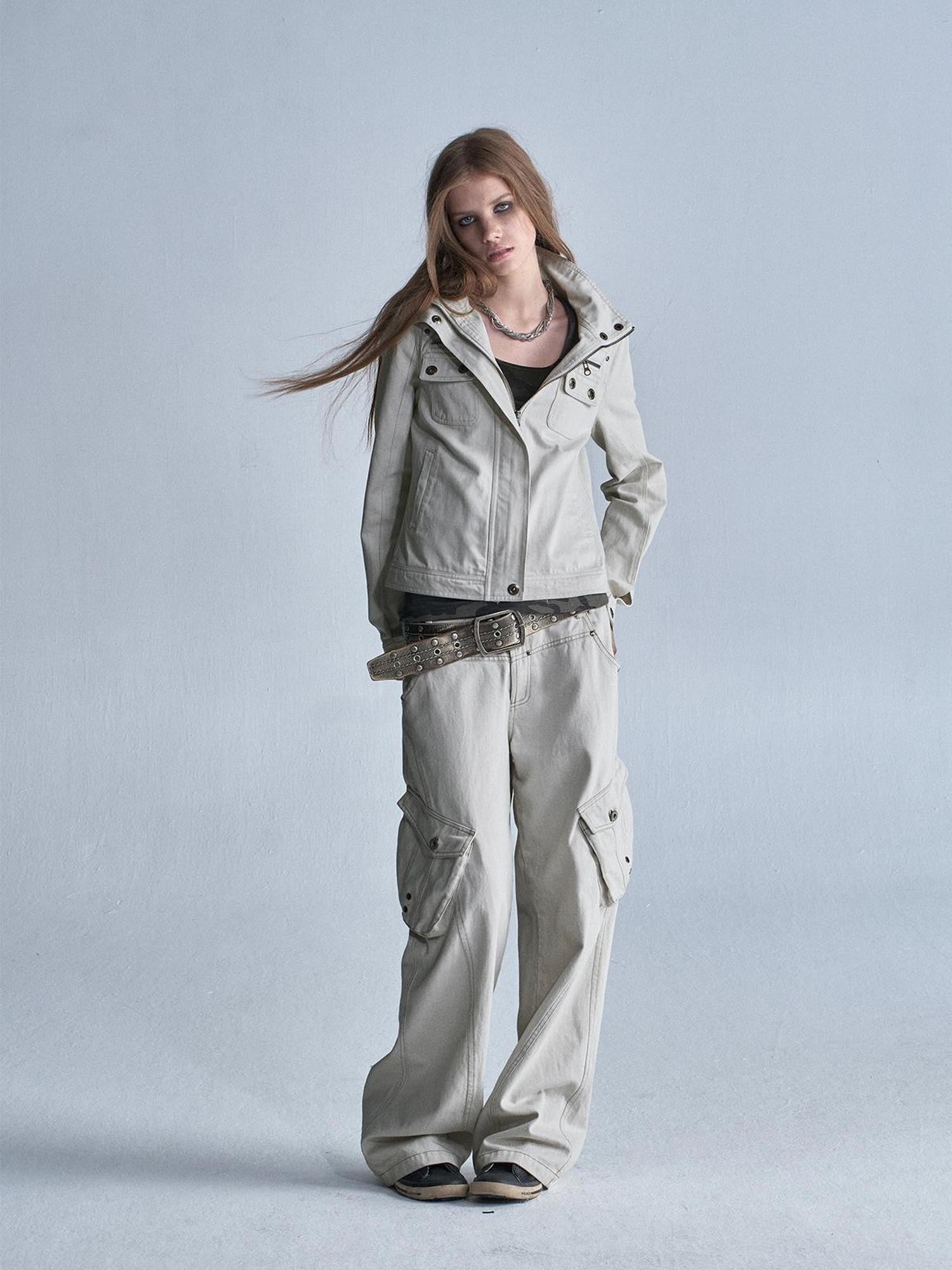 wear And tear Contrast Stitch 3d Pockets Rivet Eyelet Women&