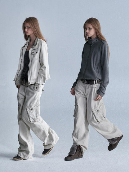 wear And tear Contrast Stitch 3d Pockets Rivet Eyelet Women&