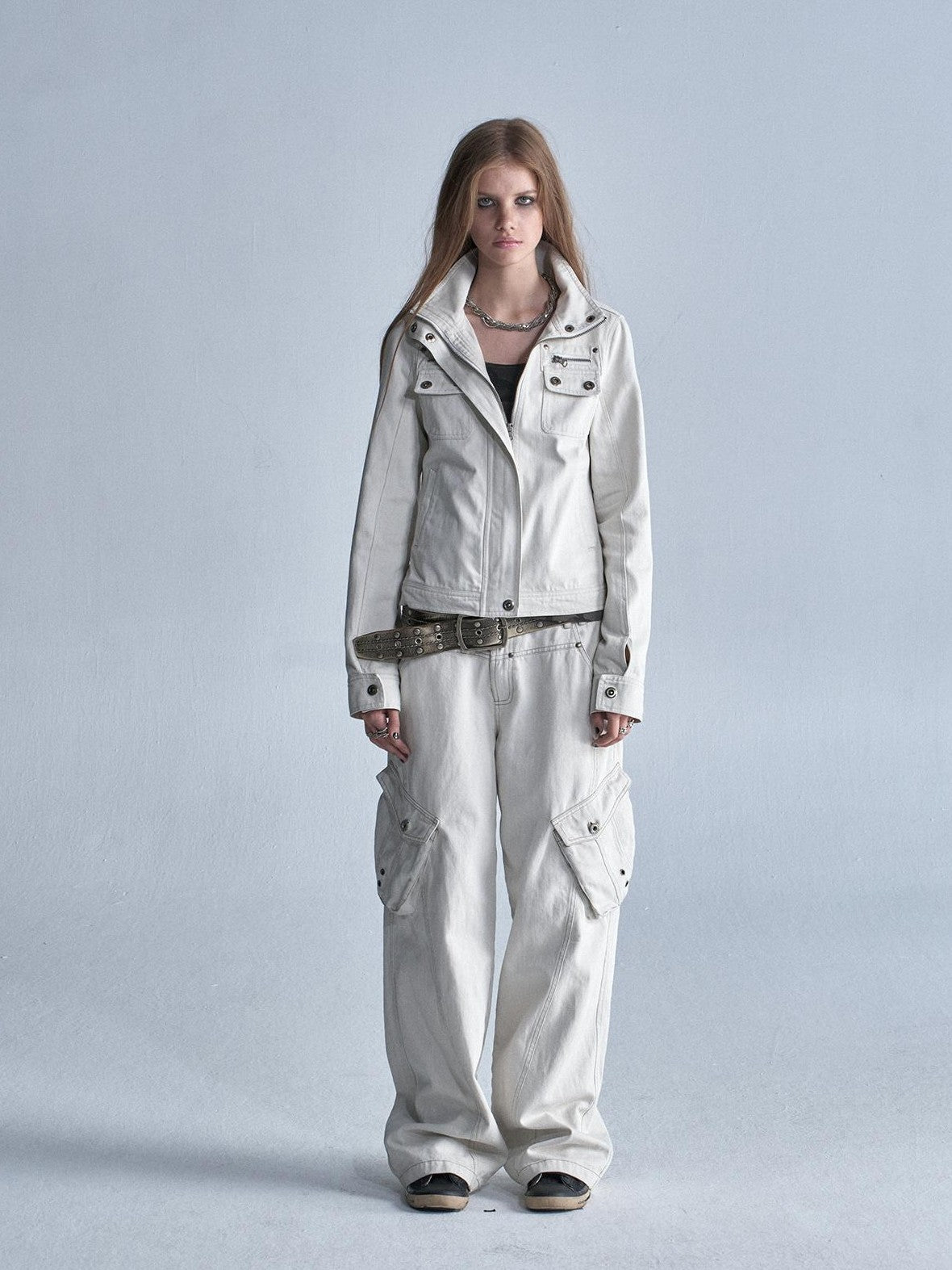 wear And tear Contrast Stitch 3d Pockets Rivet Eyelet Women&