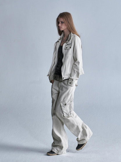 wear And tear Contrast Stitch 3d Pockets Rivet Eyelet Women&