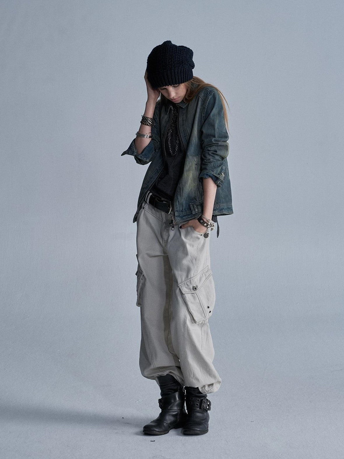 wear And tear Contrast Stitch 3d Pockets Rivet Eyelet Women&