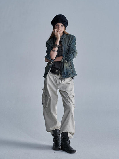 wear And tear Contrast Stitch 3d Pockets Rivet Eyelet Women&
