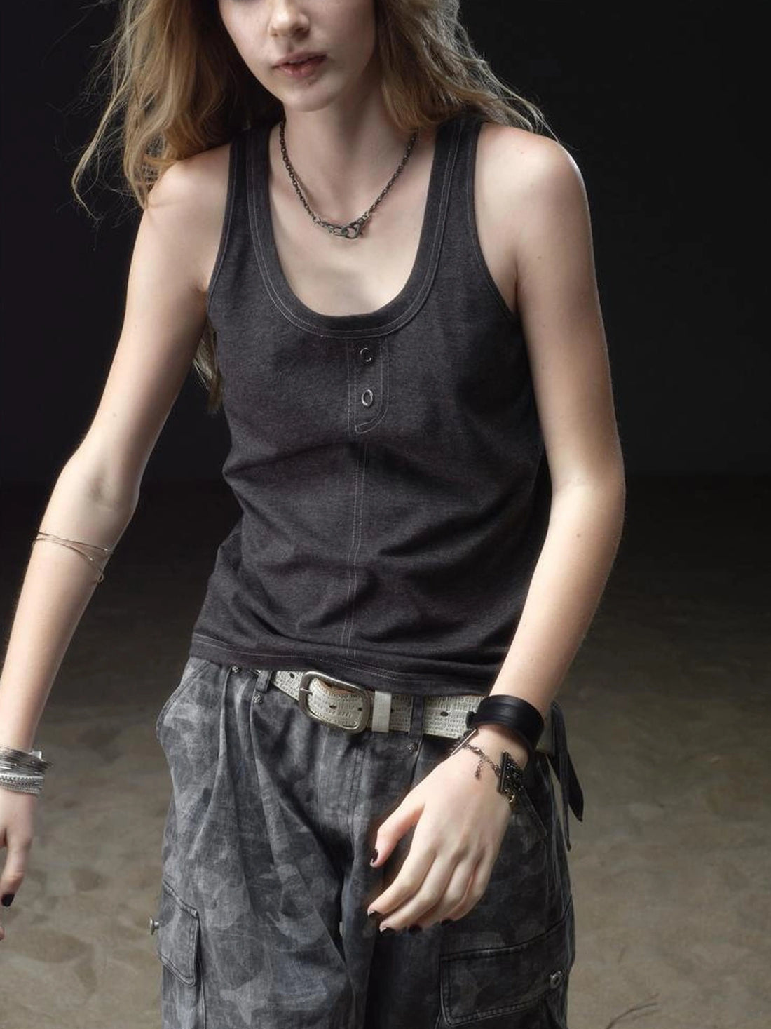 wear And tear Contrast Stitch Tie Front Relaxed Tank