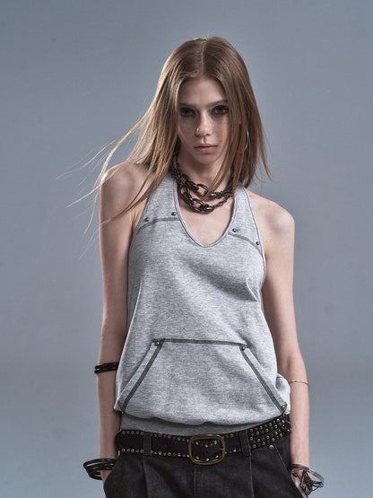 wear And tear Contrast Studded Halter Backless Kangaroo Pocket Panel Women&