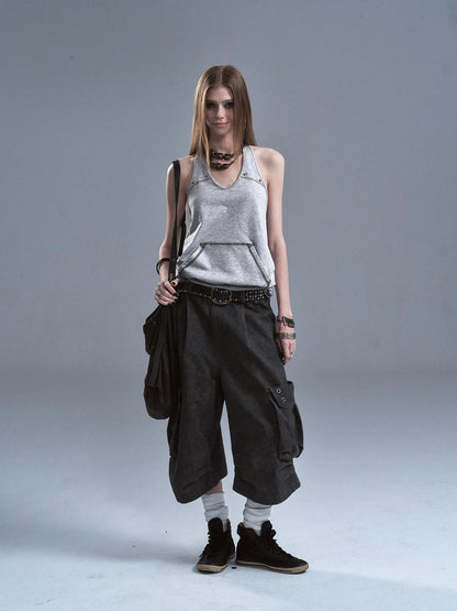 wear And tear Contrast Studded Halter Backless Kangaroo Pocket Panel Women&