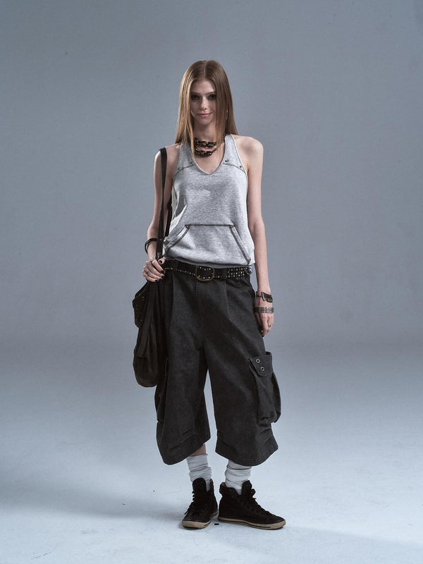 Contrast Studded Halter Backless Kangaroo Pocket Panel Women'S Cotton Tank Tops