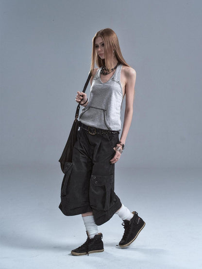wear And tear Contrast Studded Halter Backless Kangaroo Pocket Panel Women&