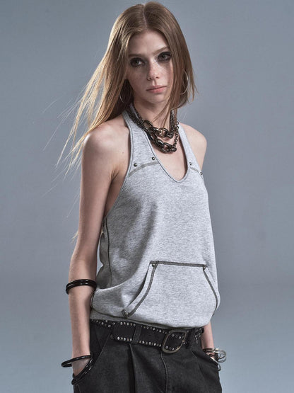 wear And tear Contrast Studded Halter Backless Kangaroo Pocket Panel Women&