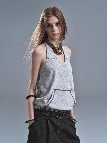 wear And tear Contrast Studded Halter Backless Kangaroo Pocket Panel Women&