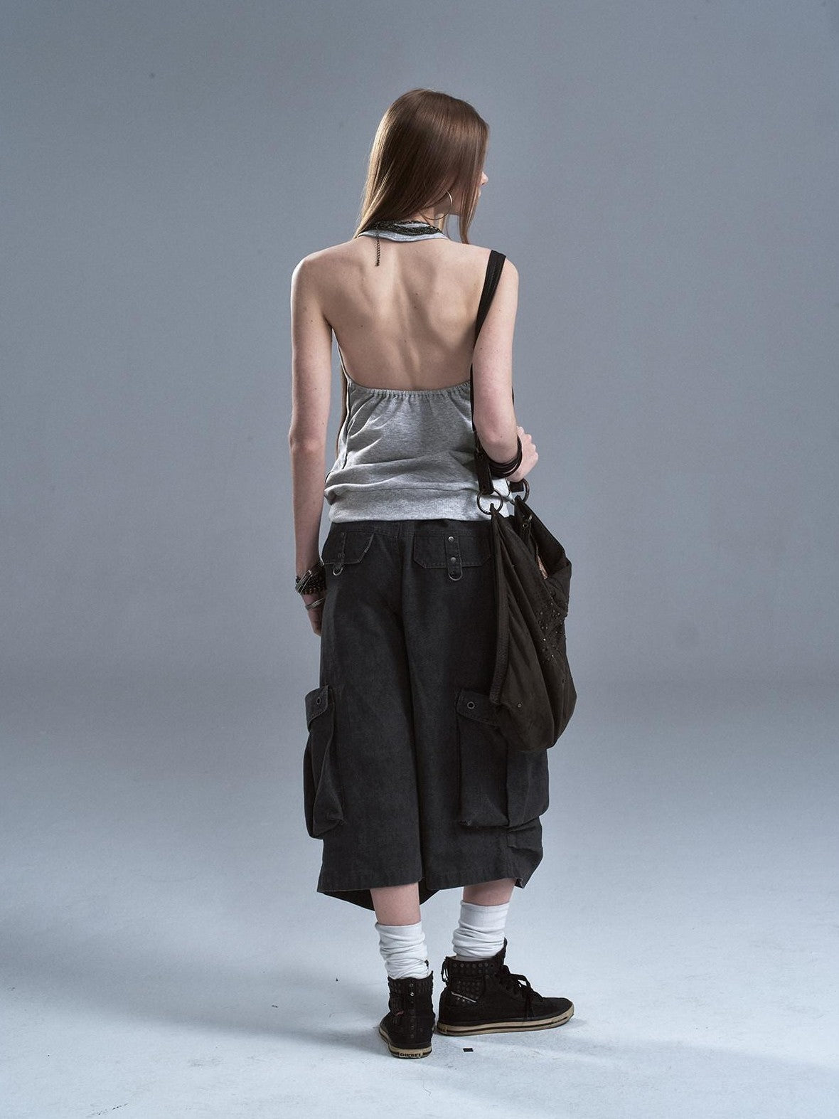 wear And tear Contrast Studded Halter Backless Kangaroo Pocket Panel Women&