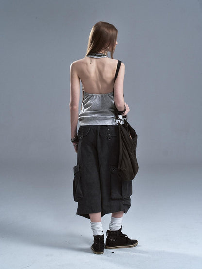 wear And tear Contrast Studded Halter Backless Kangaroo Pocket Panel Women&