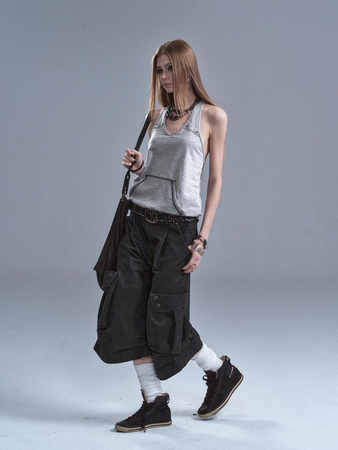 wear And tear Contrast Studded Halter Backless Kangaroo Pocket Panel Women&