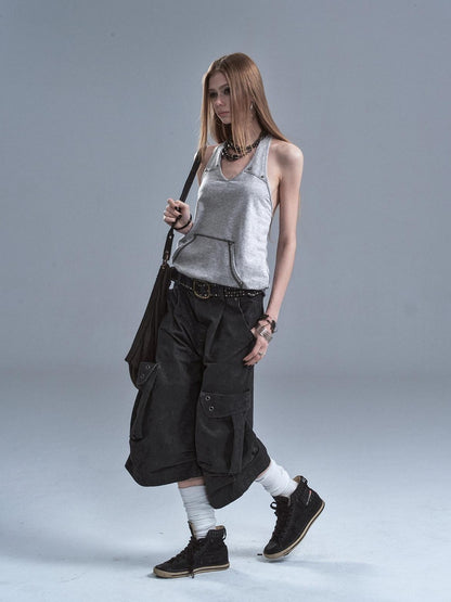 wear And tear Contrast Studded Halter Backless Kangaroo Pocket Panel Women&