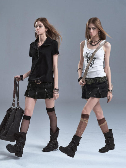 wear And tear Dark Gray Camo Multi Zipper Studded Pleated Low Waist Women&