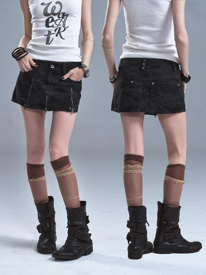 wear And tear Dark Gray Camo Multi Zipper Studded Pleated Low Waist Women&