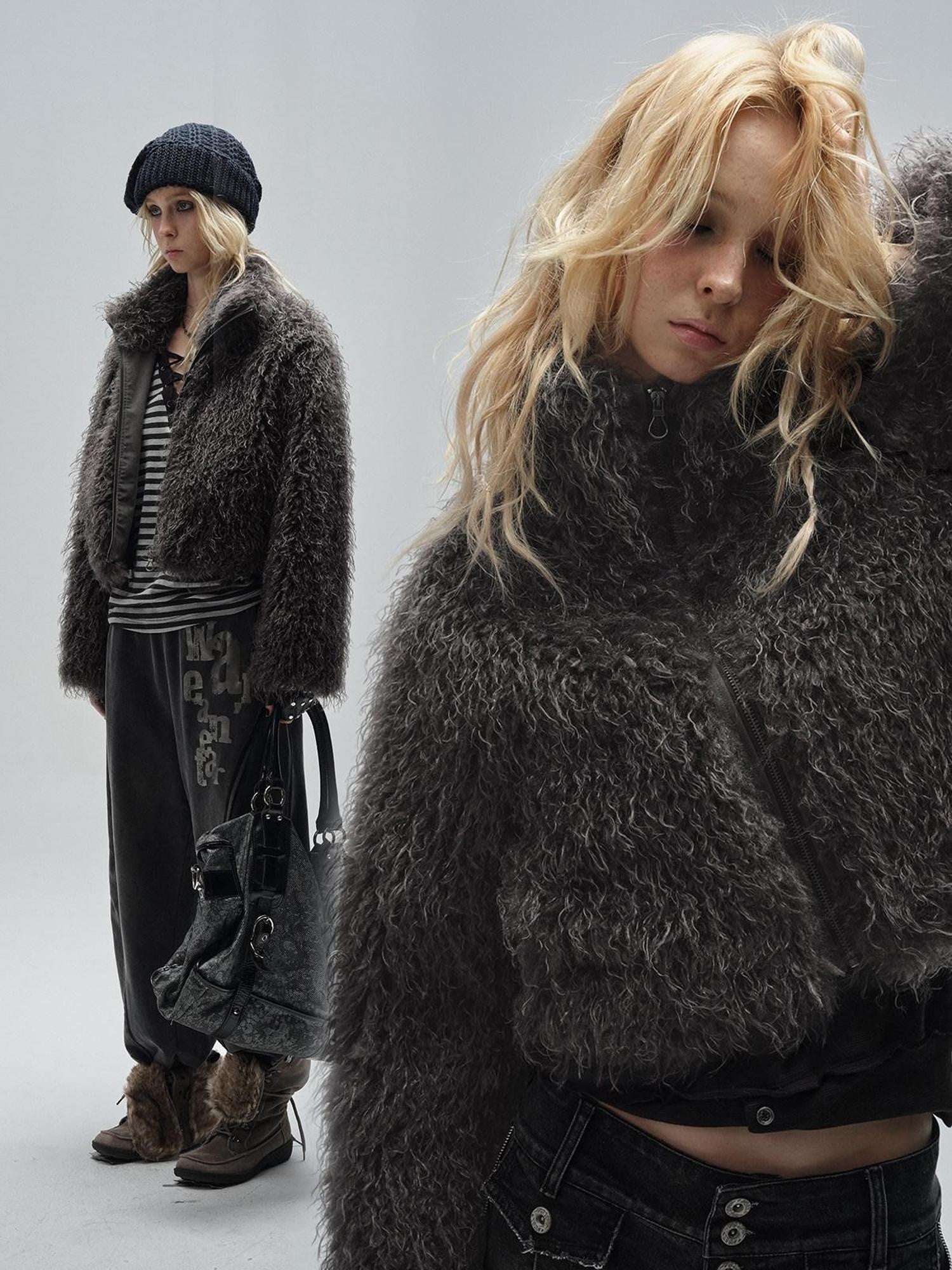 wear And tear Dark Gray Faux Fur Stand Collar Zipper Women&