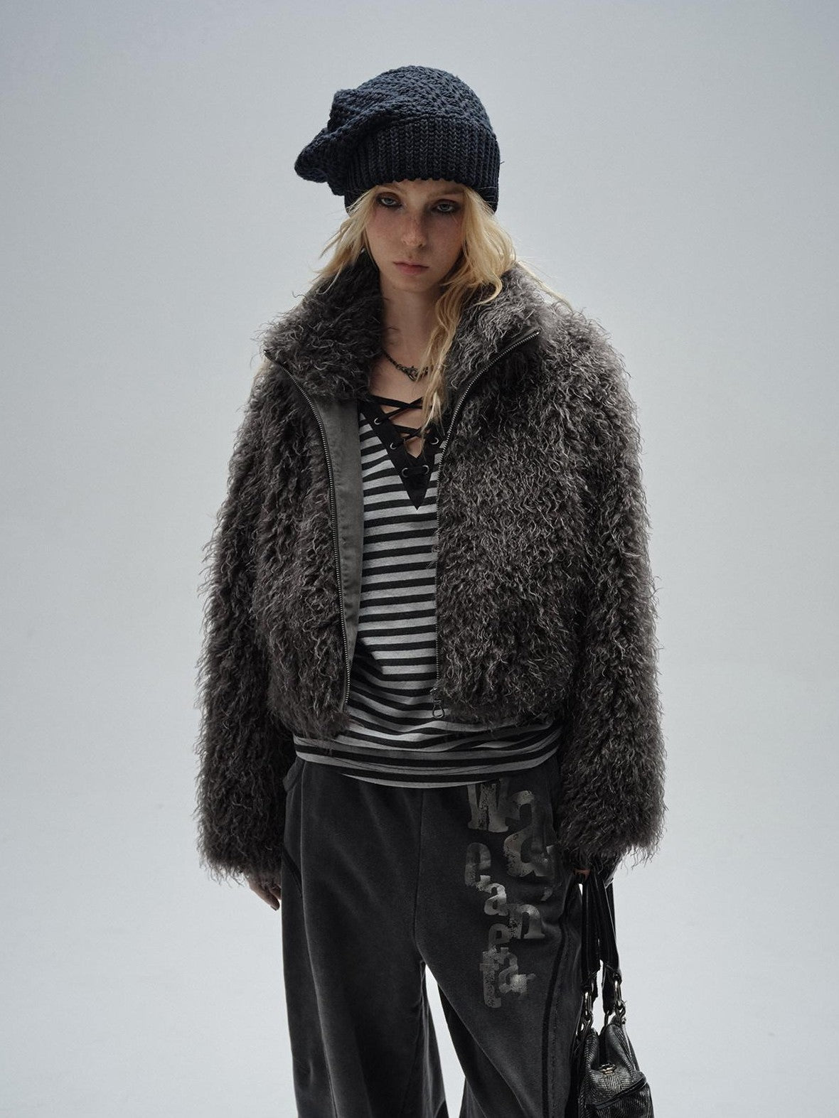 wear And tear Dark Gray Faux Fur Stand Collar Zipper Women&