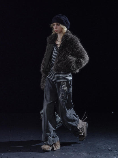 wear And tear Dark Gray Faux Fur Stand Collar Zipper Women&