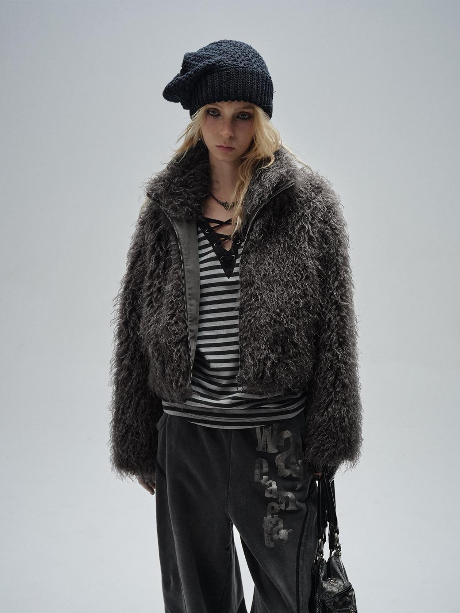 wear And tear Dark Gray Faux Fur Stand Collar Zipper Women&