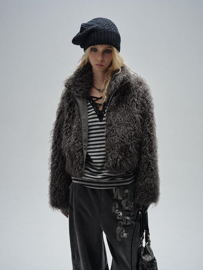 wear And tear Dark Gray Faux Fur Stand Collar Zipper Women&