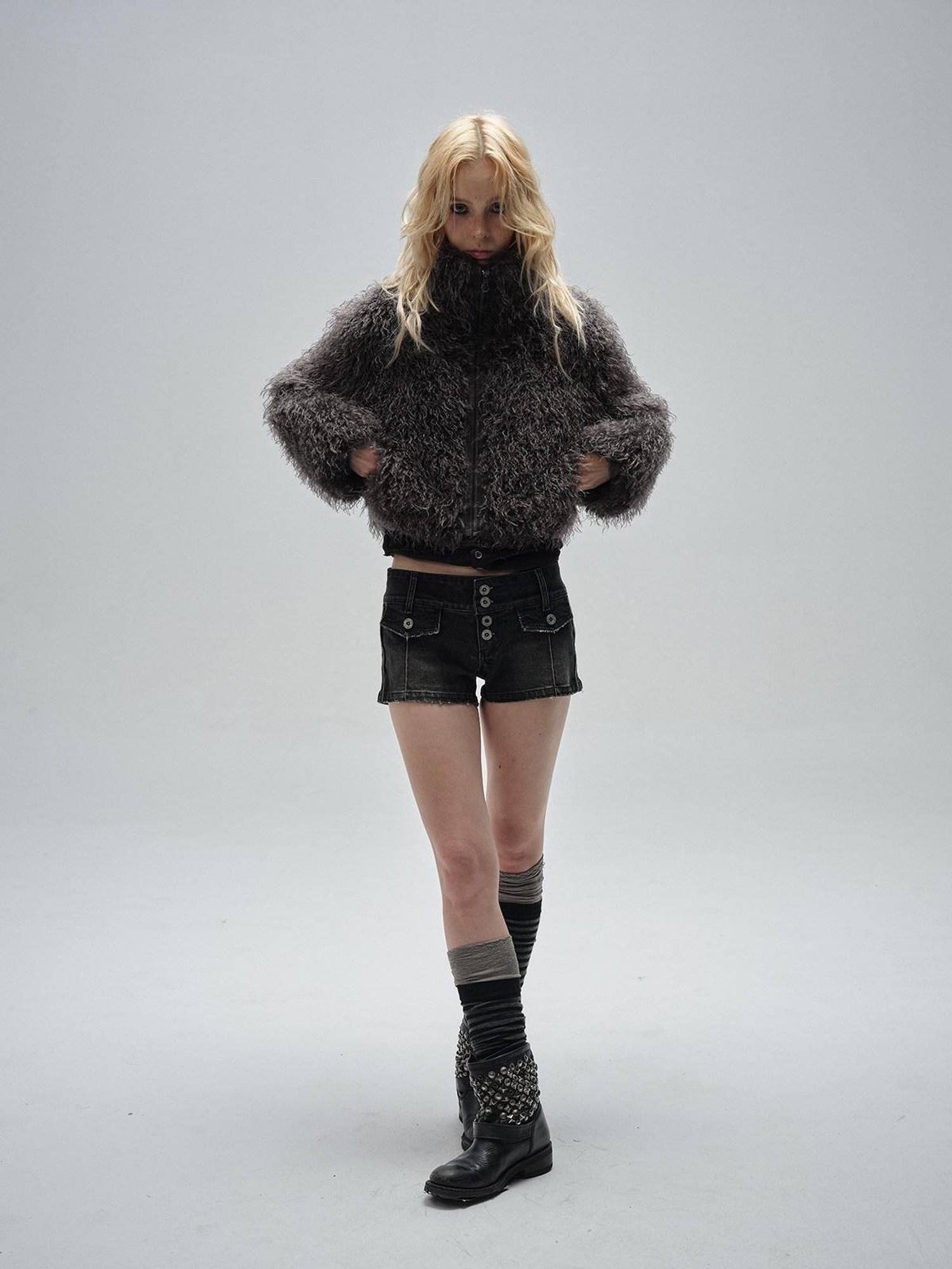 wear And tear Dark Gray Faux Fur Stand Collar Zipper Women&