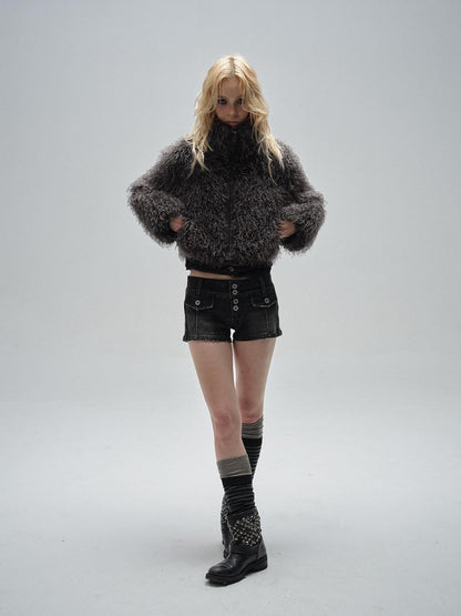 wear And tear Dark Gray Faux Fur Stand Collar Zipper Women&