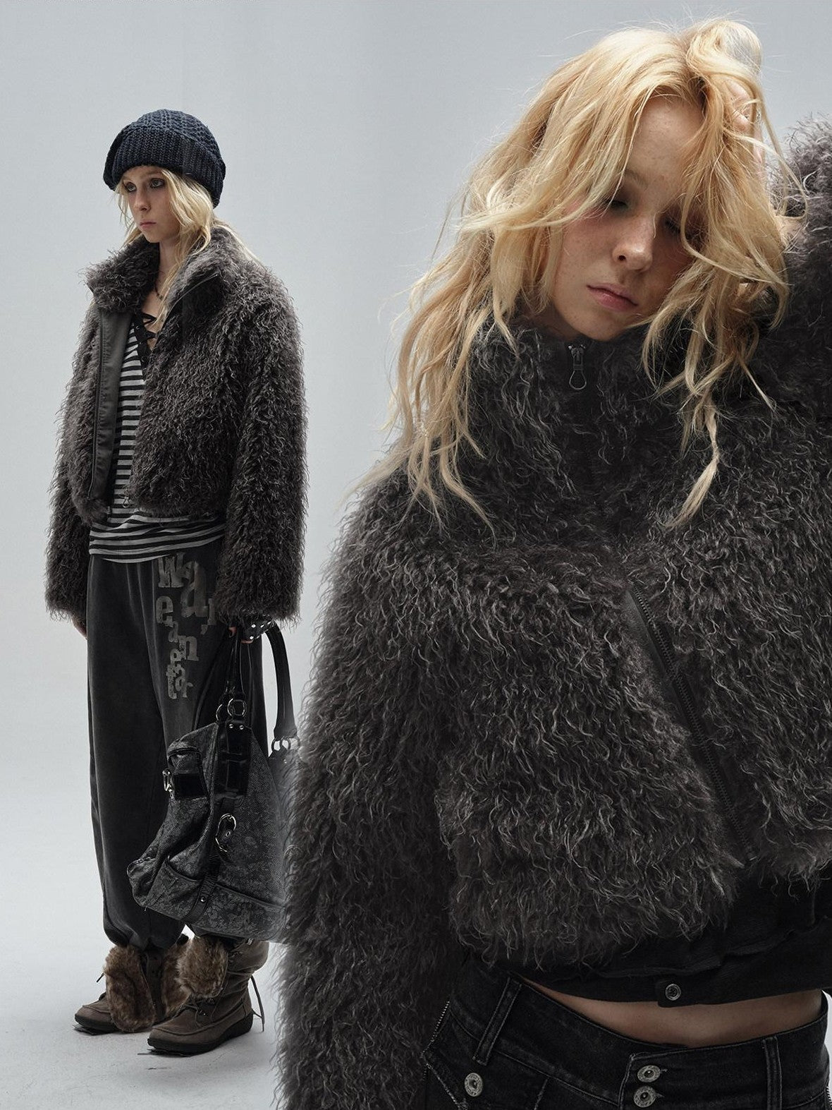 wear And tear Dark Gray Faux Fur Stand Collar Zipper Women&