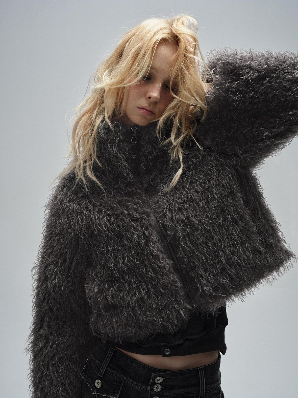 wear And tear Dark Gray Faux Fur Stand Collar Zipper Women&