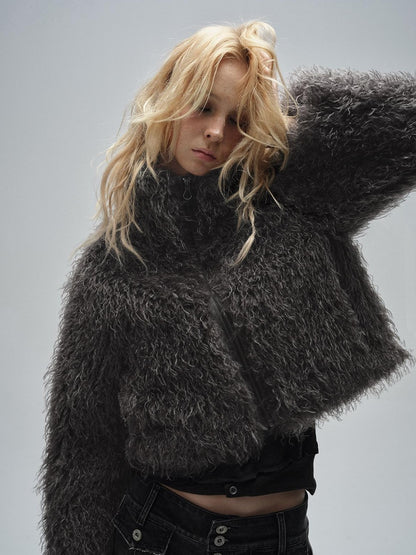 wear And tear Dark Gray Faux Fur Stand Collar Zipper Women&
