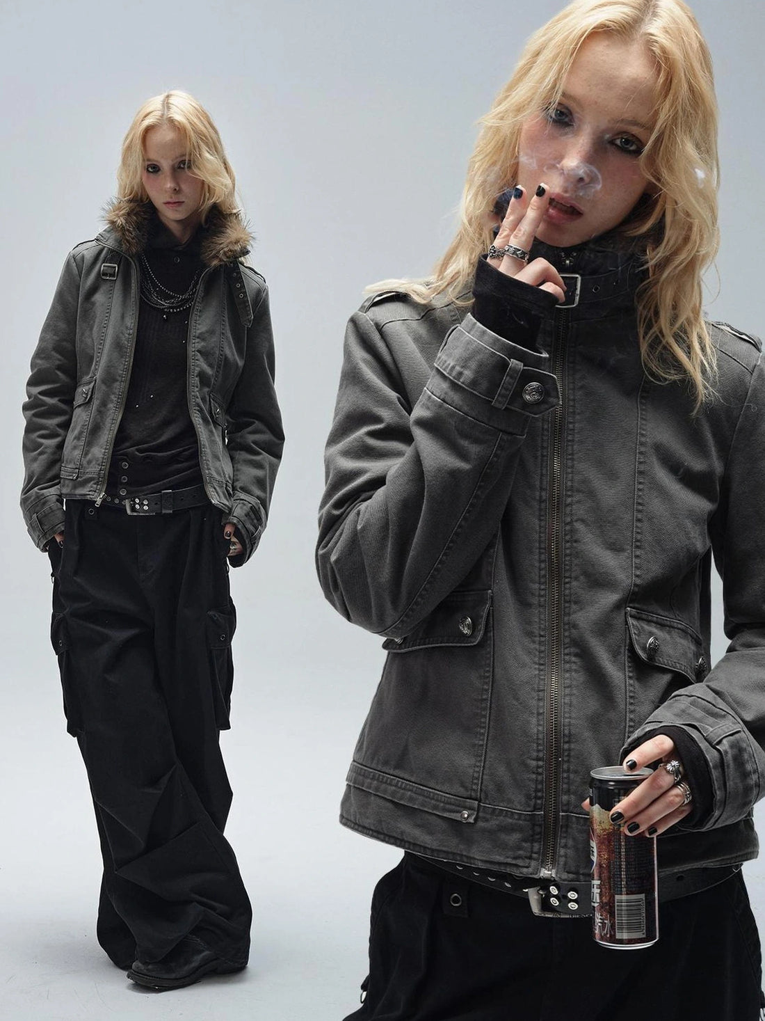 wear And tear Detachable Fur Collar Quilted Cotton Washed Jacket