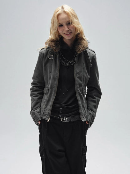 wear And tear Detachable Fur Collar Quilted Cotton Washed Jacket