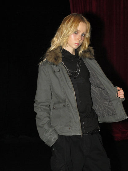 wear And tear Detachable Fur Collar Quilted Cotton Washed Jacket