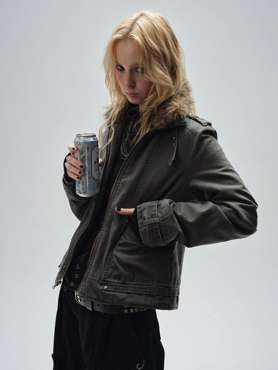 wear And tear Detachable Fur Collar Quilted Cotton Washed Jacket