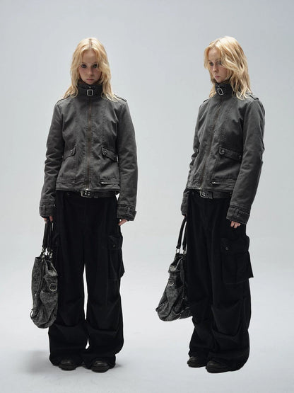 wear And tear Detachable Fur Collar Quilted Cotton Washed Jacket