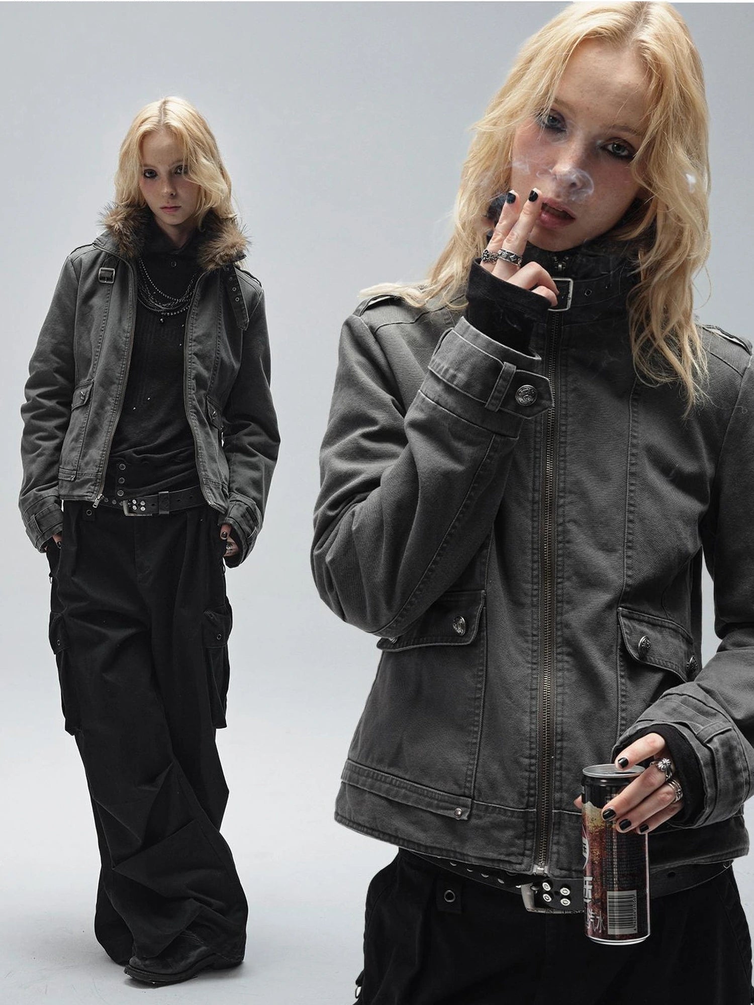 wear And tear Detachable Fur Collar Quilted Cotton Washed Jacket
