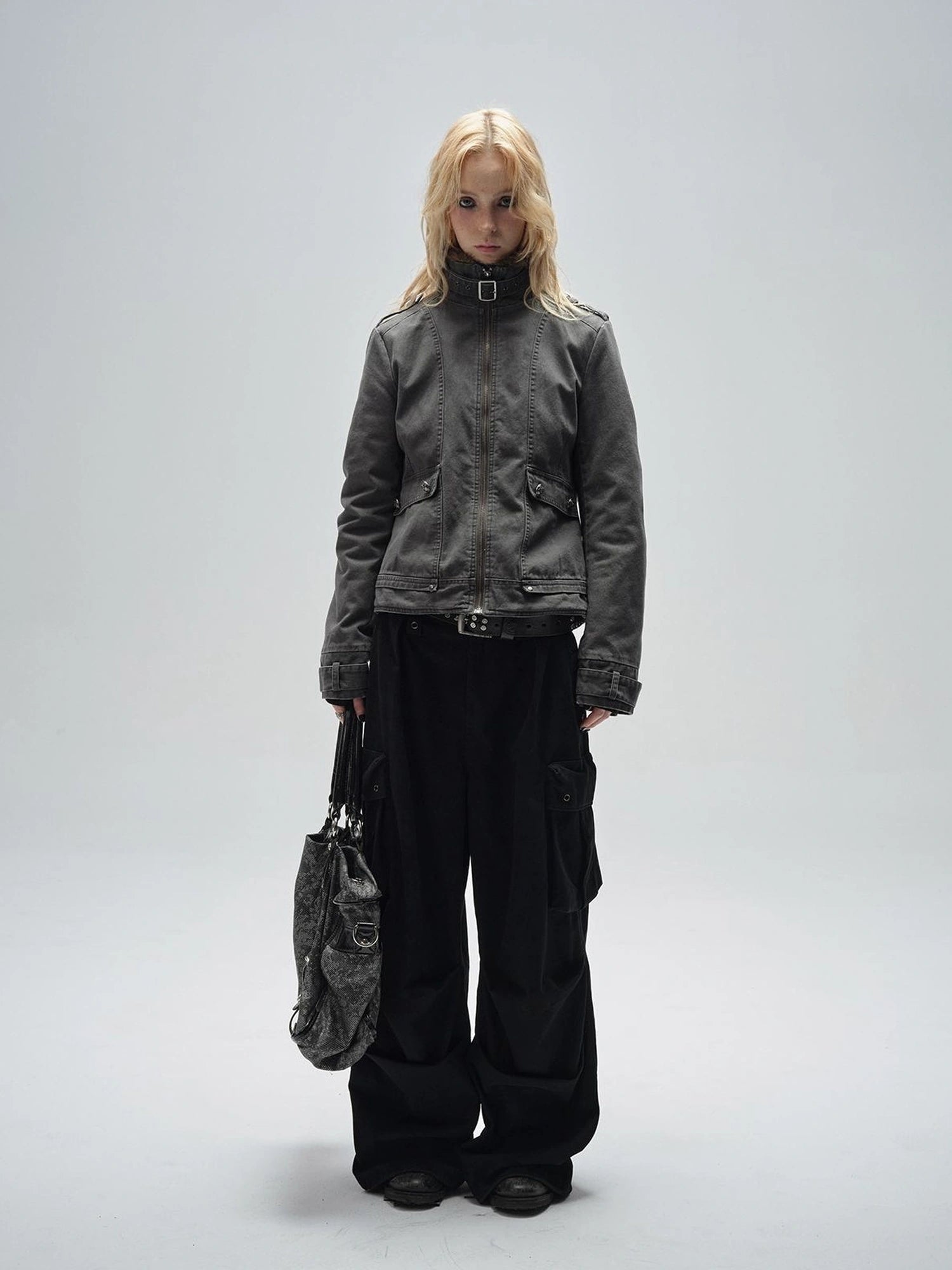 wear And tear Detachable Fur Collar Quilted Cotton Washed Jacket