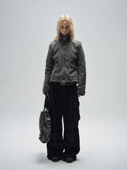 wear And tear Detachable Fur Collar Quilted Cotton Washed Jacket