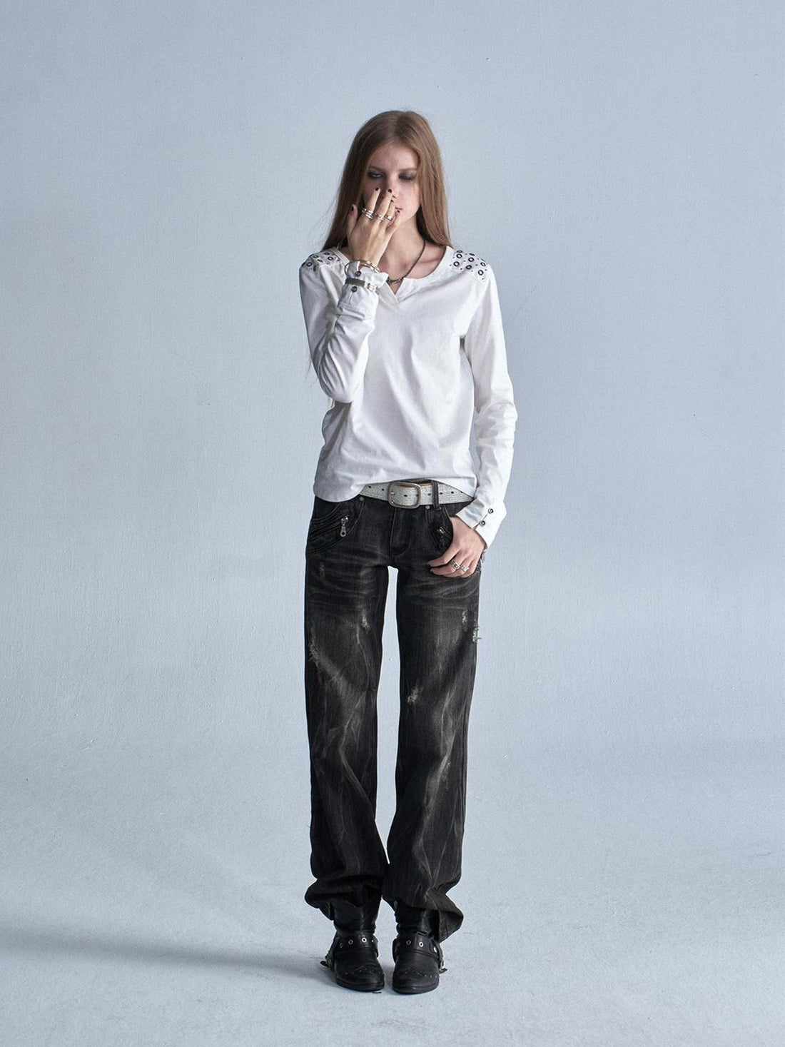 wear And tear Distressed Embroidered Multi Pocket Zip Women&