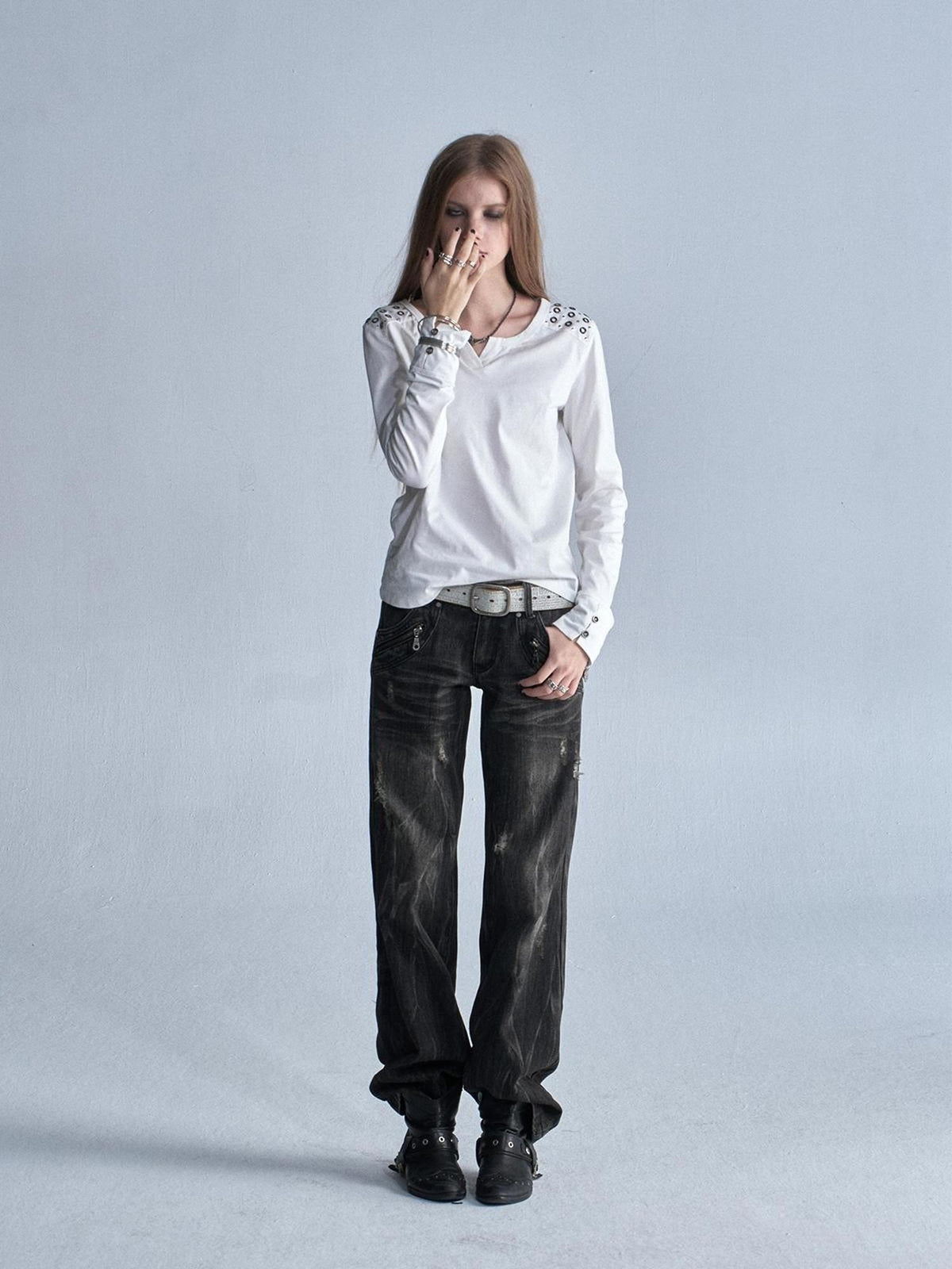 wear And tear Distressed Embroidered Multi Pocket Zip Women&
