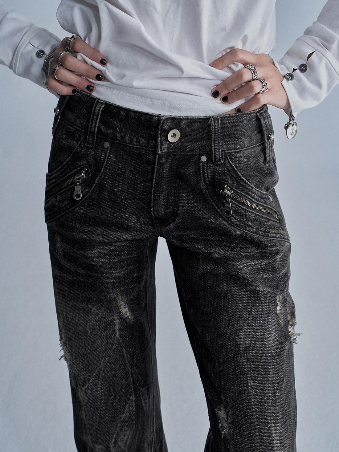 wear And tear Distressed Embroidered Multi Pocket Zip Women&