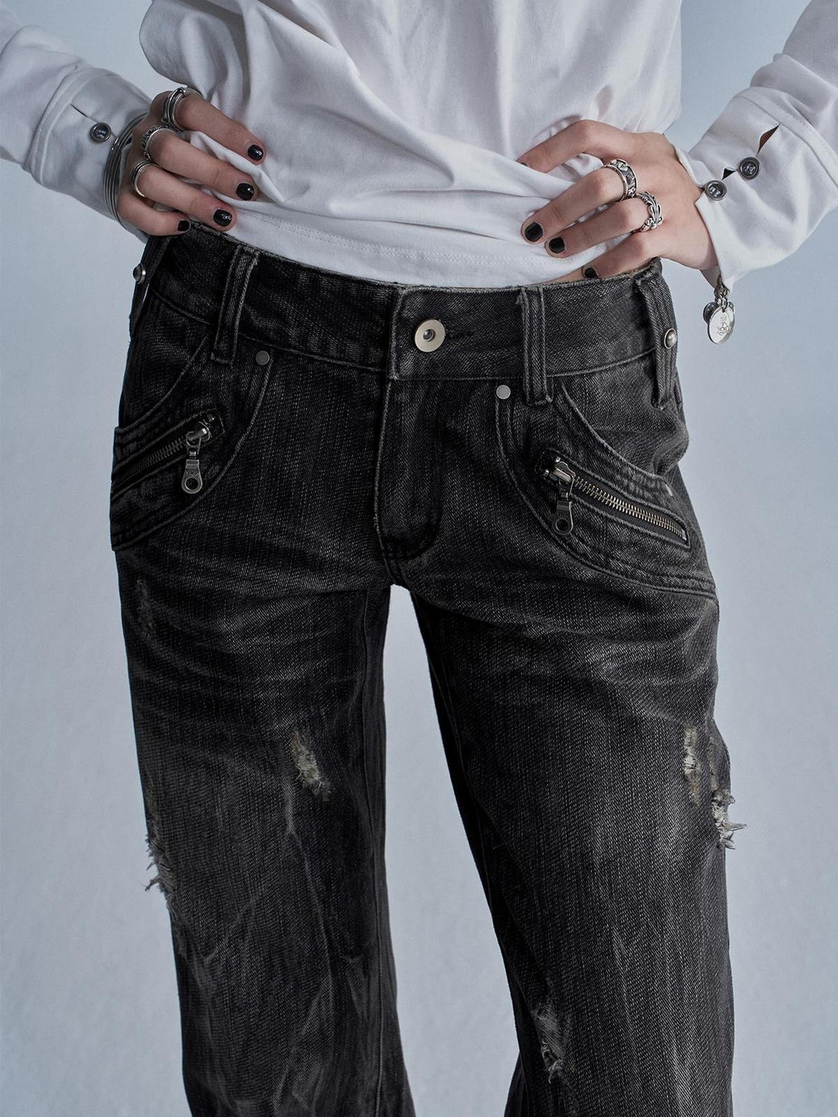 wear And tear Distressed Embroidered Multi Pocket Zip Women&