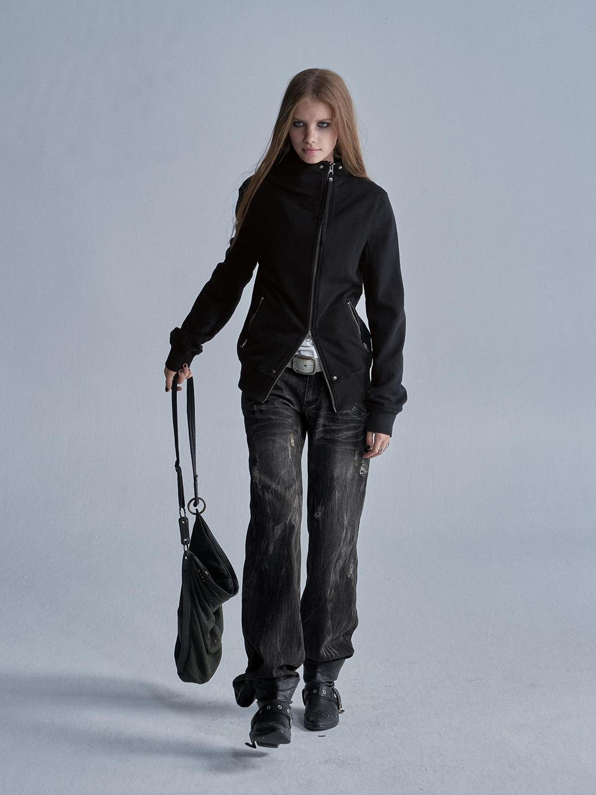 wear And tear Distressed Embroidered Multi Pocket Zip Women&